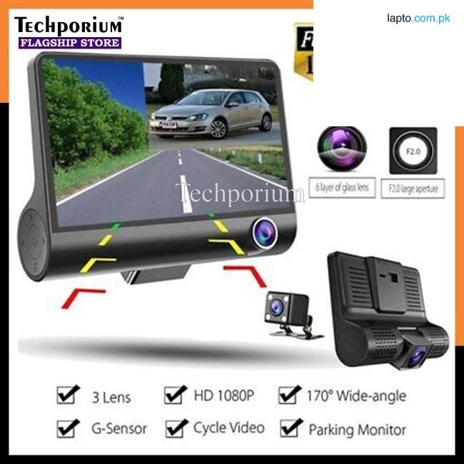 4-Inch HD WDR Dash Cam Ultra-HD Triple Lens Car DVR 1080P Full HD Front Rear Cabin Recording Night Vision Wide-Angle Camera G-Sensor Motion Detection Loop Recording Car Recorder Screen Parking Monitor Driving Camera Video Recording System Dashcam
