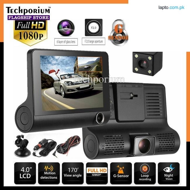 HD WDR Dash Cam 4-Inch Triple Lens Car DVR 1080P Full HD Recording Night Vision Rear View Assist Loop Recording Vehicle Backup Camera Car Monitoring Camcorder Screen Safer Driving G-Sensor Motion Detection Wide Angle Front Rear Camera Video Recorder