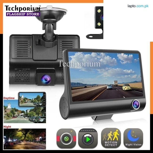 Triple Lens Dash Cam 4-Inch HD WDR Car DVR 1080P Full HD Recording Night Vision Rear View Assist Loop Recording Vehicle Backup Camera Car Monitoring Camcorder Screen Safer Driving G-Sensor Motion Detection Wide Angle Front Rear Camera Video Recorder