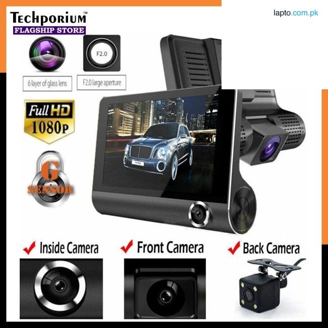 Smart Triple Lens Car DVR Dash Cam 4 inch Display 1080P HD Front Inside Rear Recording Wide-Angle Night Vision Camera Loop Recording Vehicle Recorder Car Video Camera Driving Safety Monitor