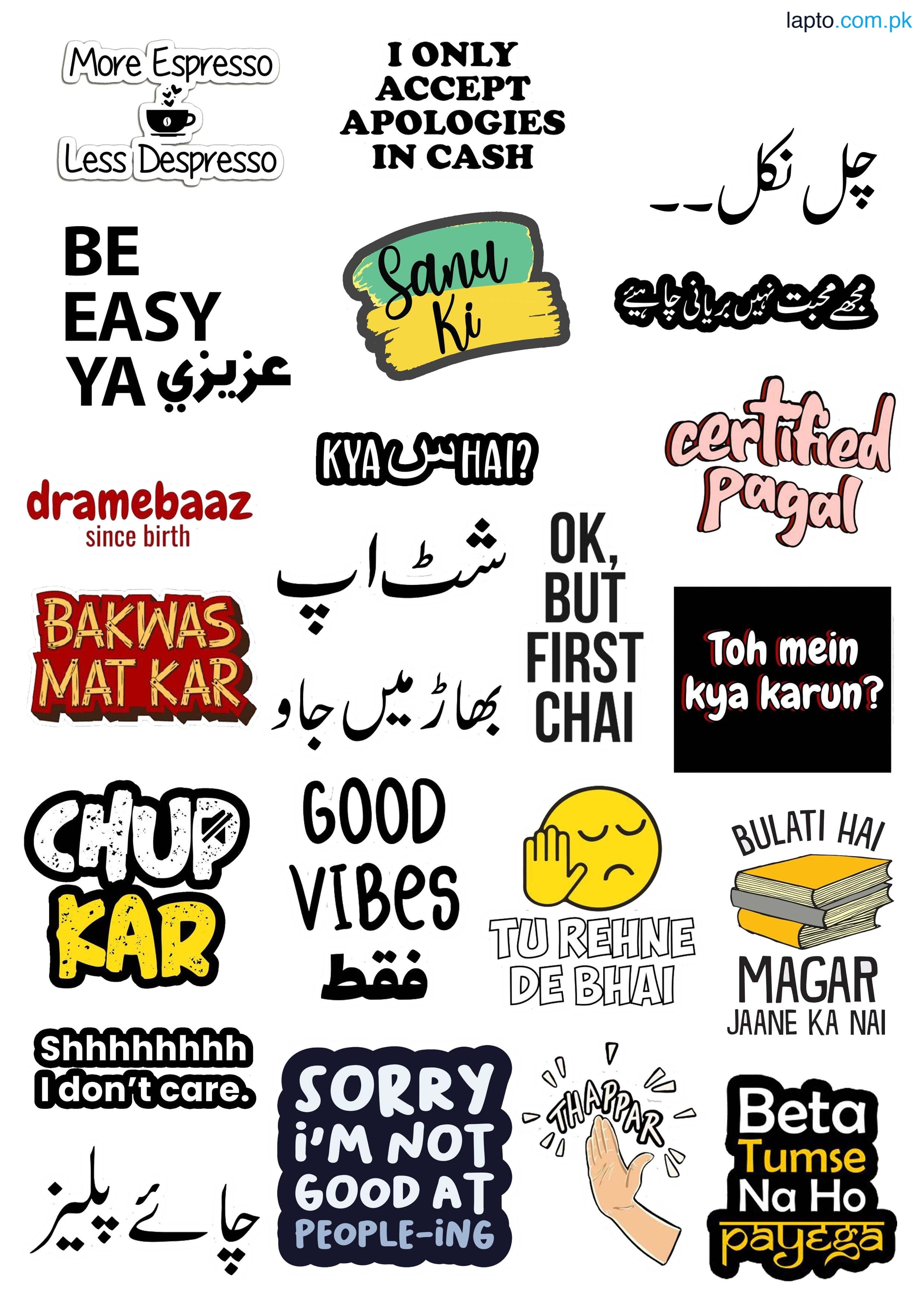 Urdu Typography Stickers Funny Stickers Aesthetic Stickers 24 Pieces of Cool Stickers For Decoration Laptops Mobile and Journal Best Quality 2 Inch Adhesives Girls And Boys Vibes