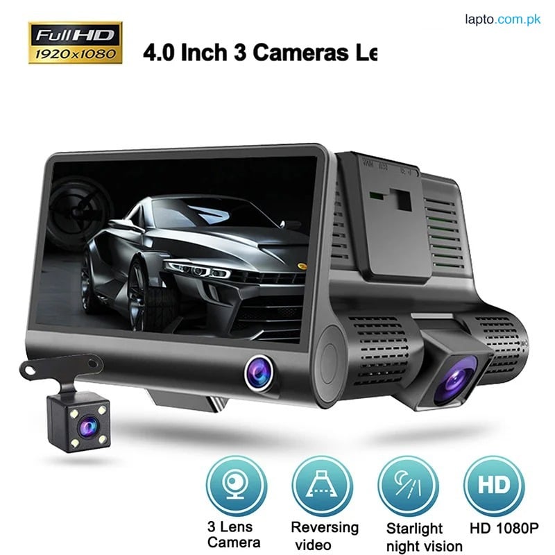 Smart Triple Lens Car DVR Dash Cam 4 Inch Display 1080P HD Front Inside Rear Recording Wide-Angle Night Vision Camera WDR Technology G-Sensor Collision Detection Motion Detection Loop Recording Vehicle Recorder Parking Monitor Driving Camera System