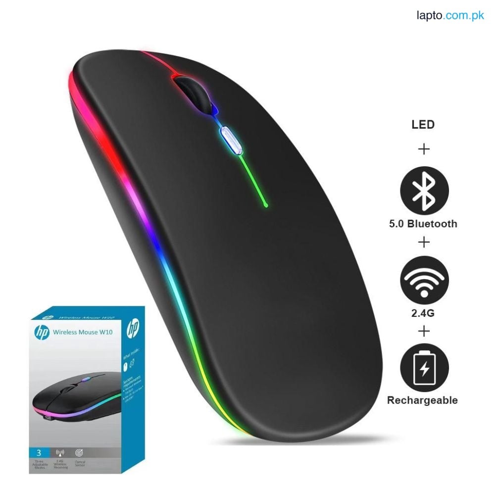 HP W10 Wireless RGB Slim Mouse with Bluetooth & 2.4GHz Wireless Connectivity, Rechargeable Battery, Ergonomic Design, and Multi-Device Compatibility