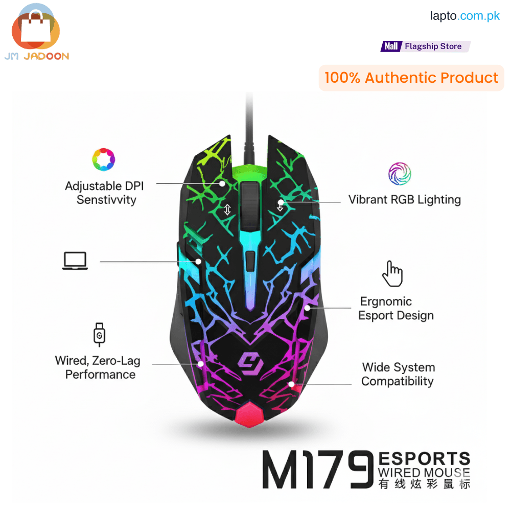 M179 Wired Gaming Mouse with RGB Lighting, 3 DPI 800 /1000/ 1200 Adjustable, for Laptop/Notebook HP Devices