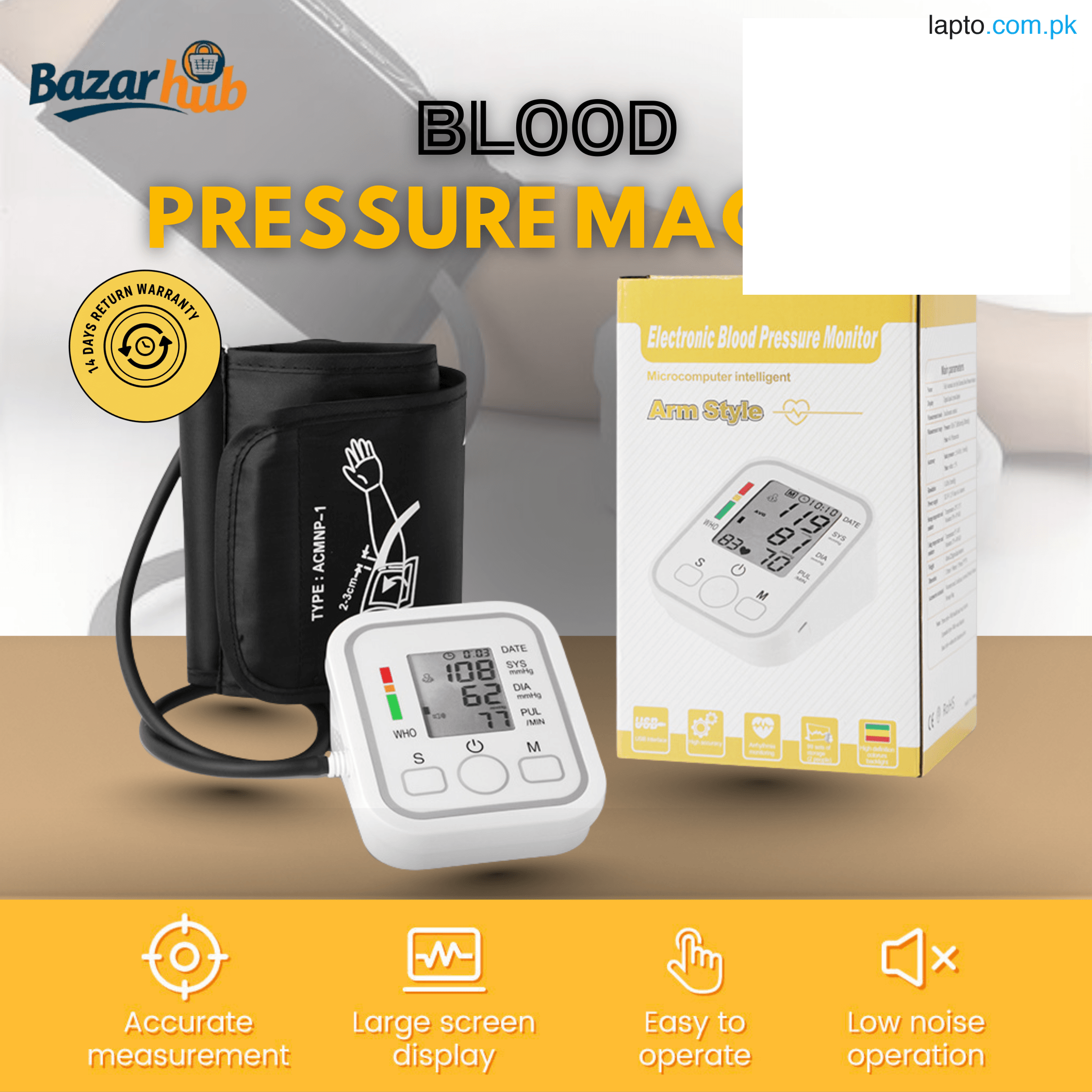 Blood Pressure Monitor Digital Upper Arm Blood Pressure Machine Digital Automatic BP Machine with Large LCD Display Heart Rate & Pulse Detection - Portable Home Healthcare Device Design By BazaarHub.Pk.