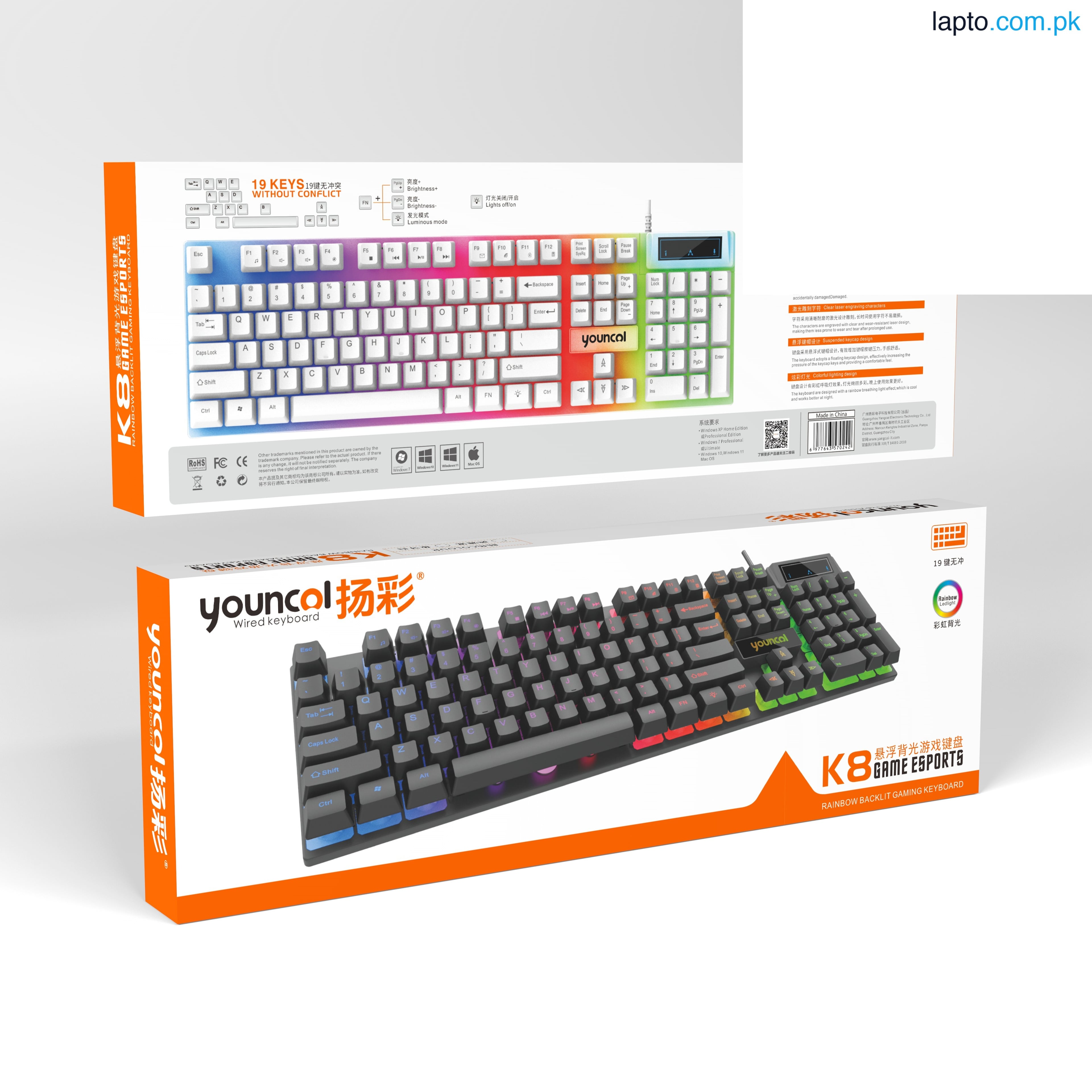 K8 RGB Gaming Keyboard Wired Keyboard Luminous Office Work Keyboard Gaming RGB Light Gamer Keyboard Aesthetic Office Work Black White