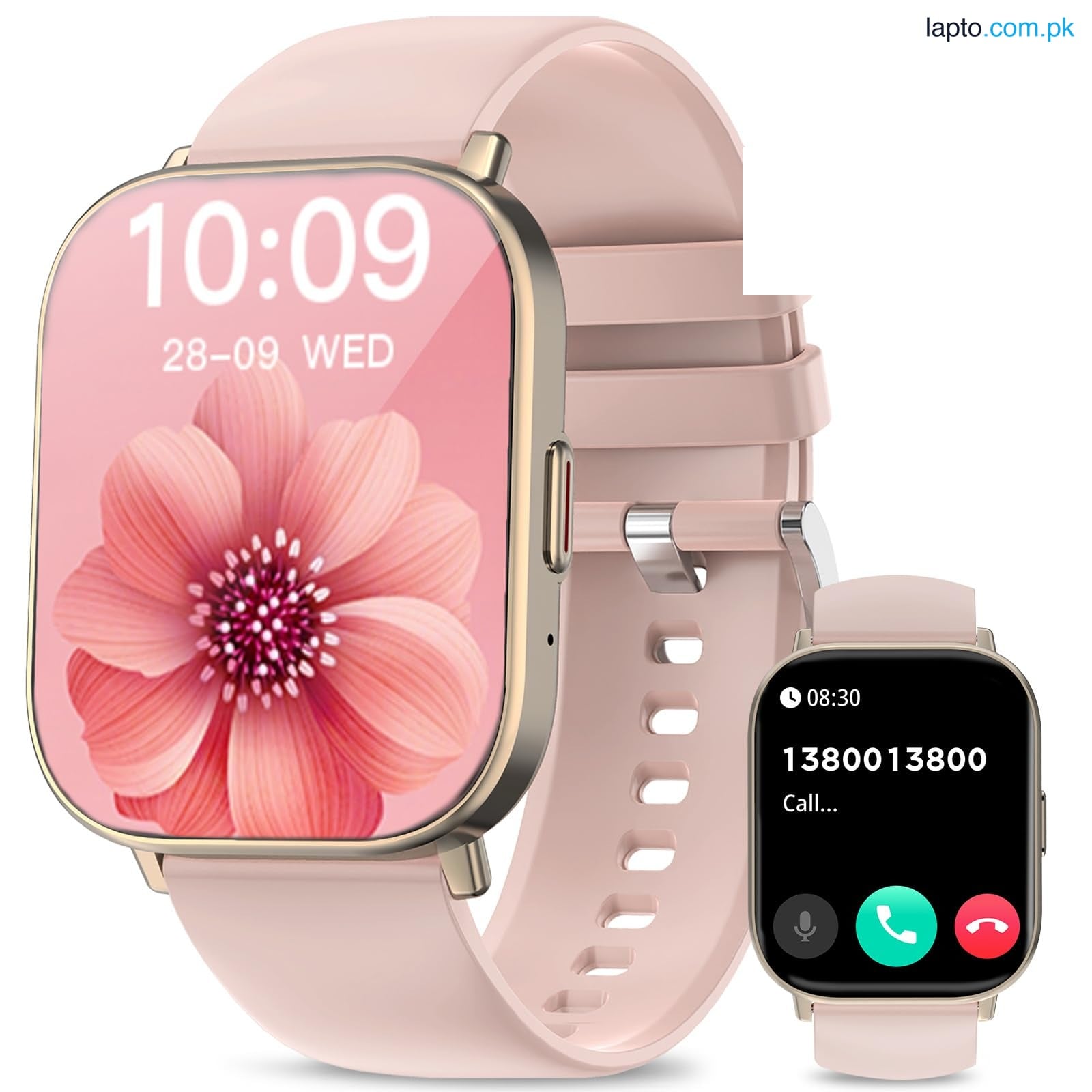 Pink Smartwatch for Women with Rose Gold finish—perfect for fashion and fitness.eamless Bluetooth Calling functionality (Make & Receive Calls directly on the watch), Advanced Health Tracker with Heart Rate Monitor, Blood Oxygen, and Sleep Analysis