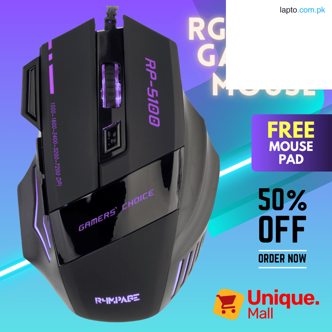 T6 RGB PRO Gaming Mouse with 3200dpi - Breathing LED USB Wired Optical Computer Mouse with 6 Buttons & Braided Wire including Side Buttons with FREE Mouse Pad - Mouse for laptop, PC, Gaming & Office