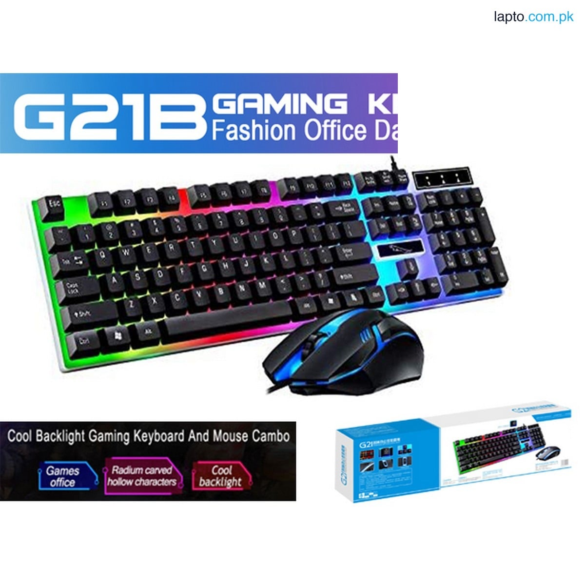 G21B USB Wired 104 Keys Keyboard & Mouse Set Rainbow-Color Backlight for Laptop Computer PC