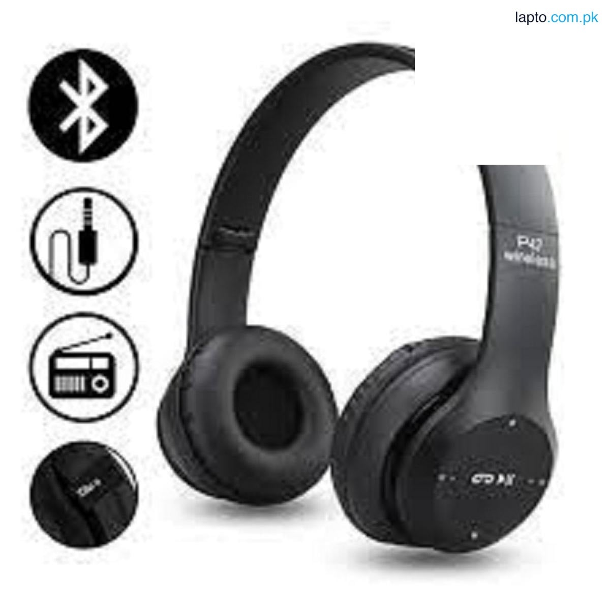 P47 Wireless Bluetooth Headphones – Over-Ear Stereo Headset with Mic, FM Radio, TF Card & AUX Support | Foldable, Rechargeable, Noise Reduction