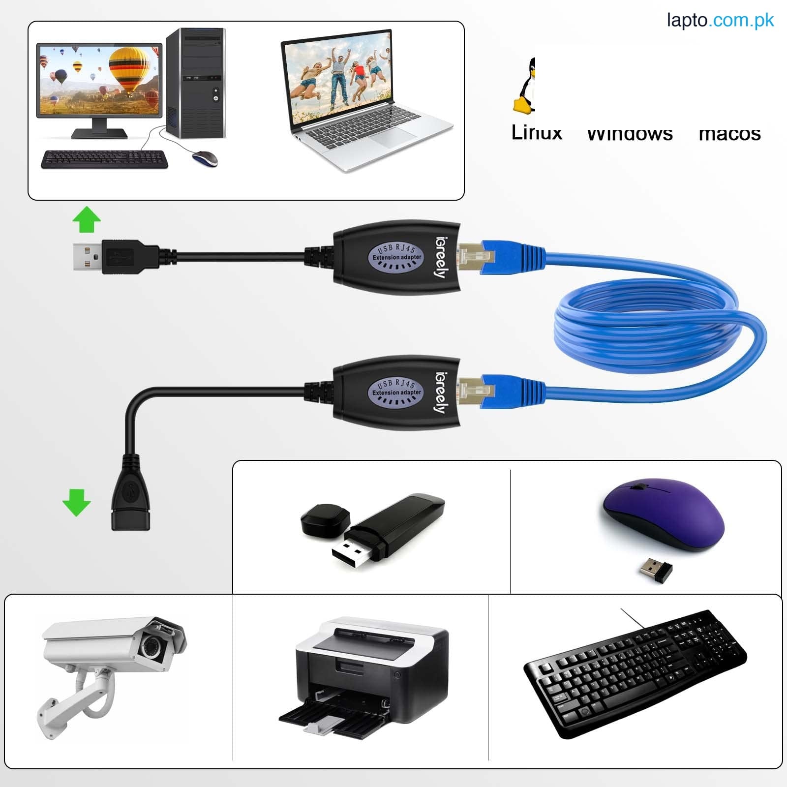 USB Over RJ45 Cat5 Cat6 Extension Adapter Up to 150 Feet