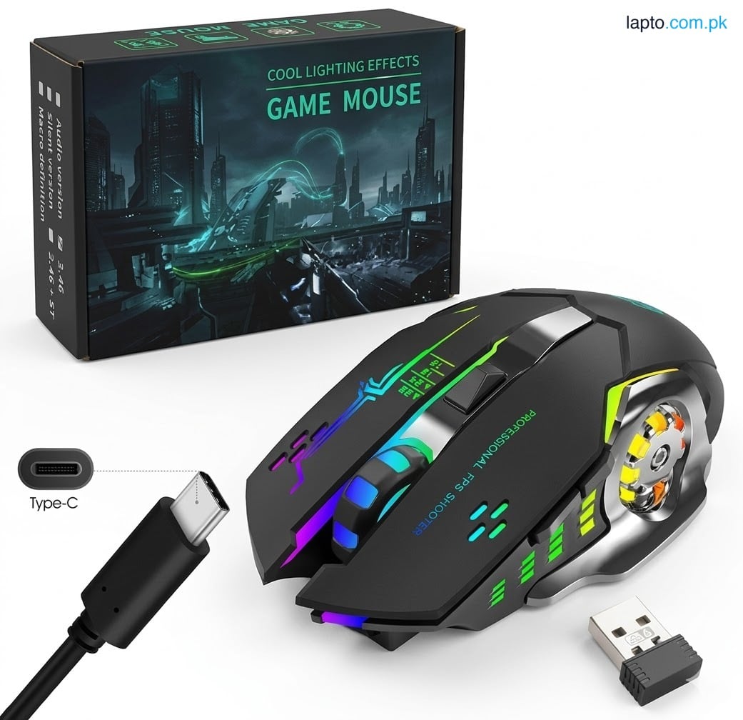 T2 Pro Wireless Rechargeable Gaming Mouse - 6 Buttons, Mechanical Design, Portable Mouse for PC & Laptop