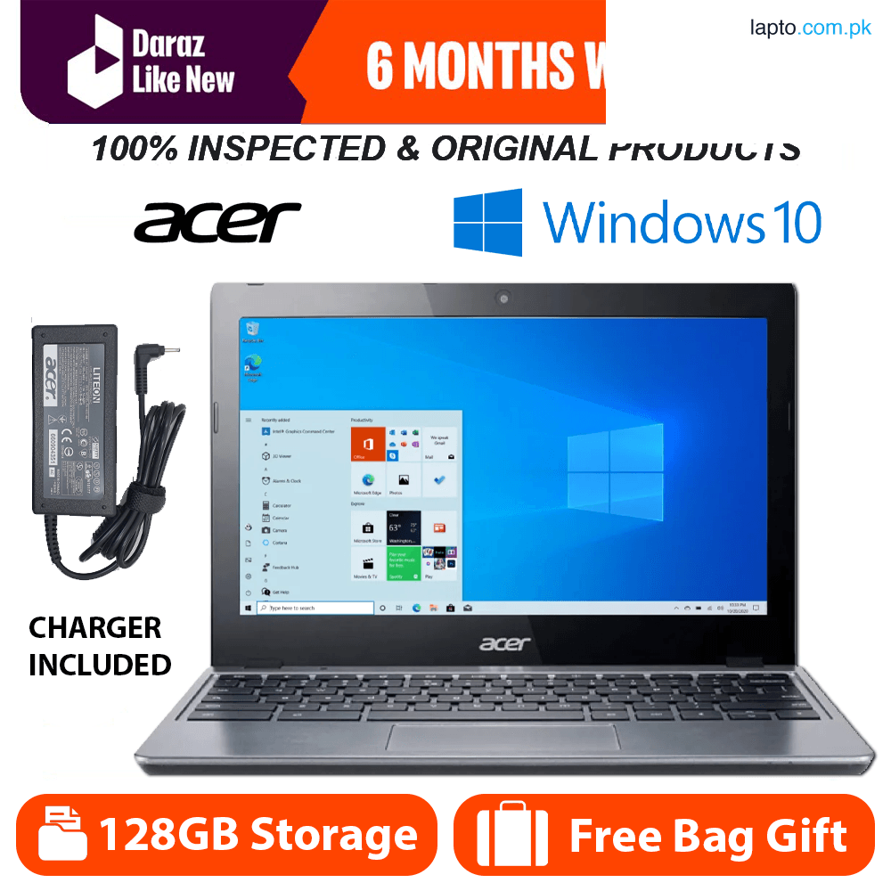 Acer Chromebook 128GB Storage 4GB Ram Most Demanded 5th Generation Laptop Chromebook With Charger & free Laptop Bag Gift Windows 10 Pre Installed Best for Online Work 6+ Hours Battery Timing Slim Easy to Carry Wifi & Bluetooth Supported