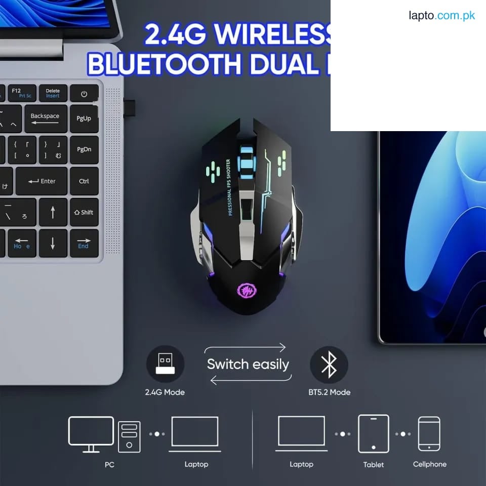 RGB Gaming Wireless Mouse – Dual Mode Bluetooth + Dongle | Metallic Rechargeable RGB Mouse