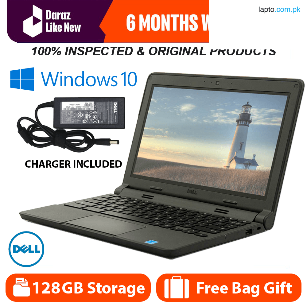 Daraz Like New - Dell Original Chromebook 4GB Ram 128GB Storage 11.6" Inches Full HD Display 4 to 6+ Hours of Battery Timing Fast Charger Included Windows 10 Installed Most Demanded Laptop High Performance Reliable Affordable With Free Bag & Charger