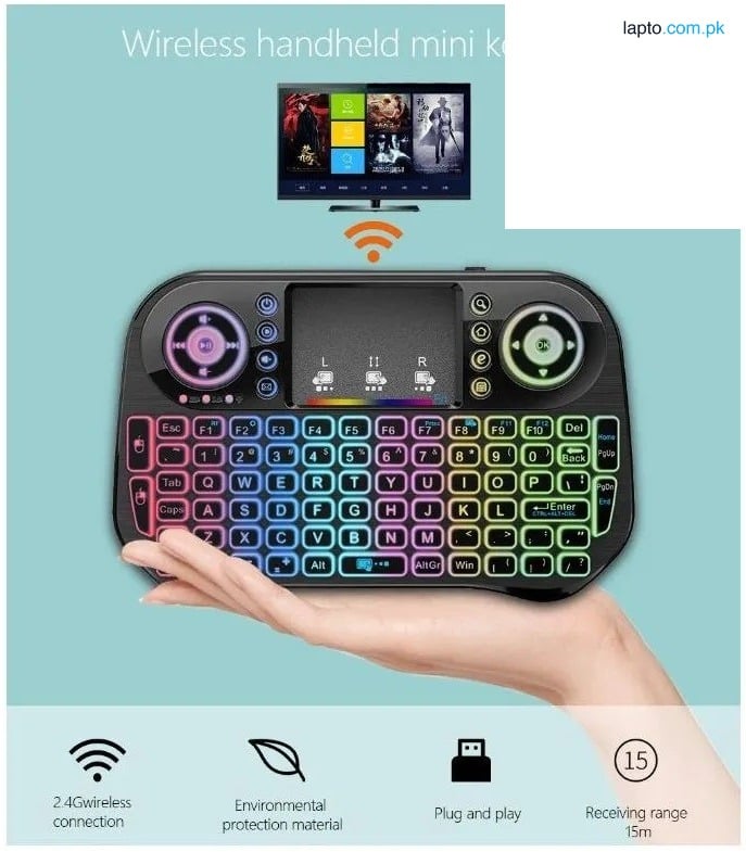 I10 Mini Wireless Bluetooth Air Mouse Keyboard | Dual Mode 2.4GHz USB Dongle & Wireless Touchpad Remote Control | RGB Colorful Backlit, Integrated Rechargeable Li-Ion Power Battery | Universal Input Device for Android TV Box, Smart TV, PC