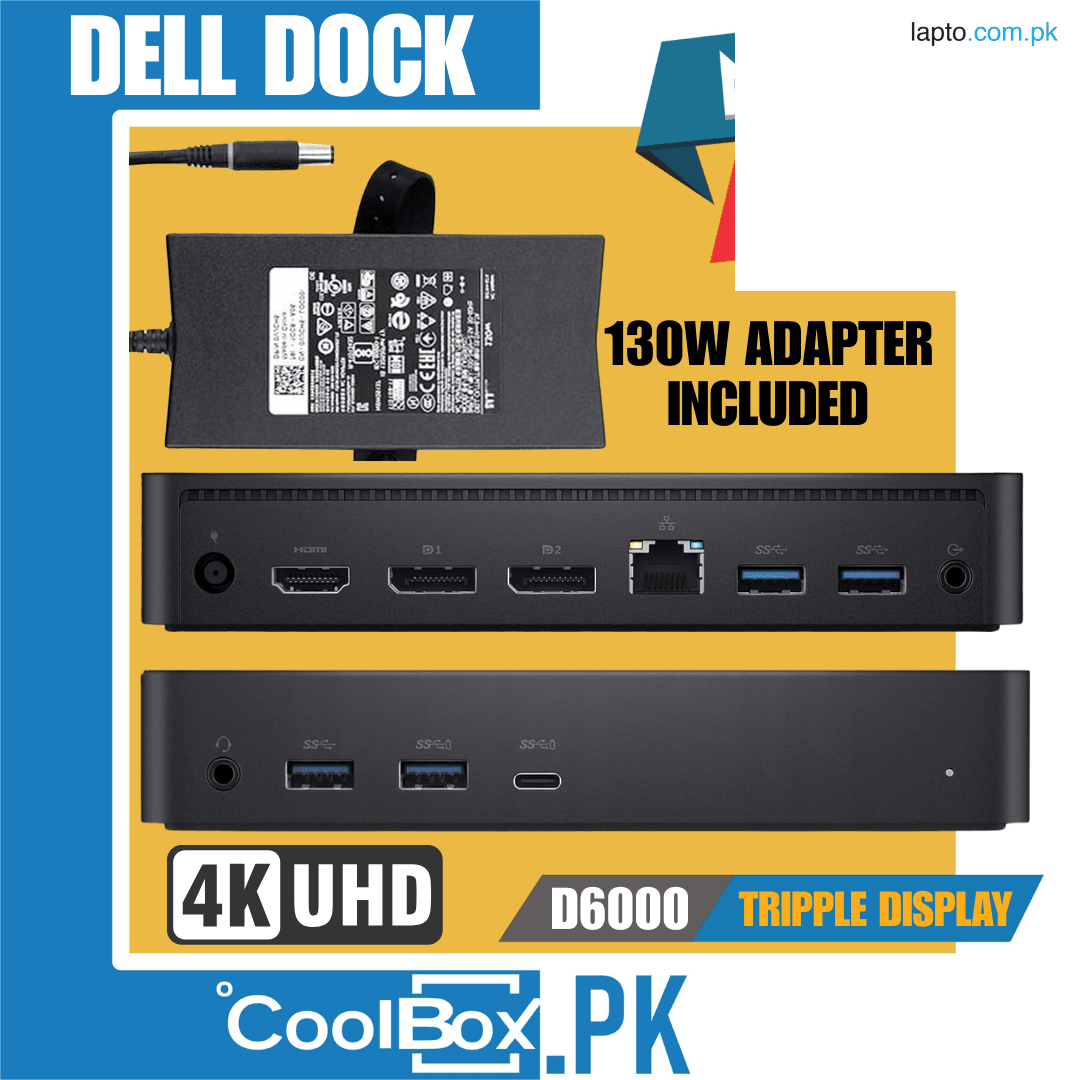 Dell D6000 USB-C Triple Docking Station, Up to Three 4K Displays Via USB-C, UHD 5K, USB 3.0, Gigabit Ethernet, 130-Watt AC Adapter, Charge up to 65W Laptop (Branded)