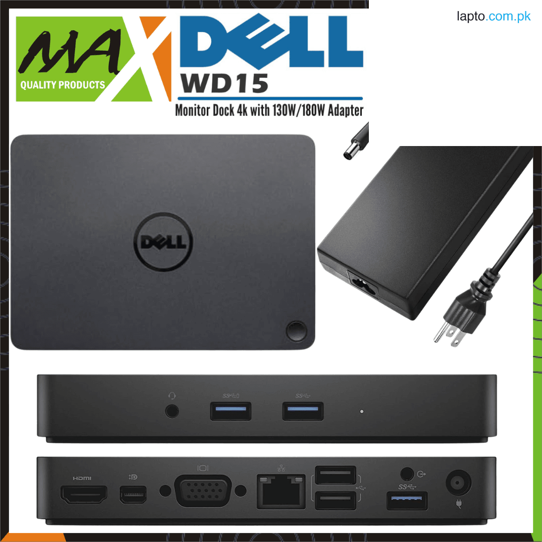 Dell WD15 Monitor Dock 4K with 180W Adapter, USB-C, (450-AEUO, 7FJ4J, 4W2HW),Black,Dual Display