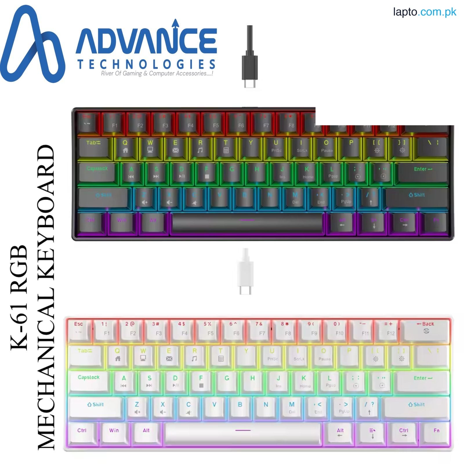 MECHANICAL GAMING KEYBOARD RGB K-61 61 KEYS BLUE SWITCH WITH RGB LIGHTS DETACHABLE CABLE 60% MECHANICAL KEYBOARD