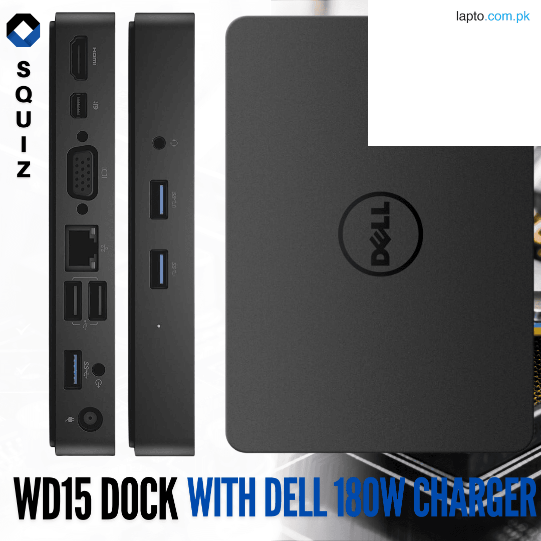 Dell WD15 Monitor Dock 4K with 180W Adapter, USB-C, (450-AEUO, 7FJ4J, 4W2HW),Black,Dual Display (Used)