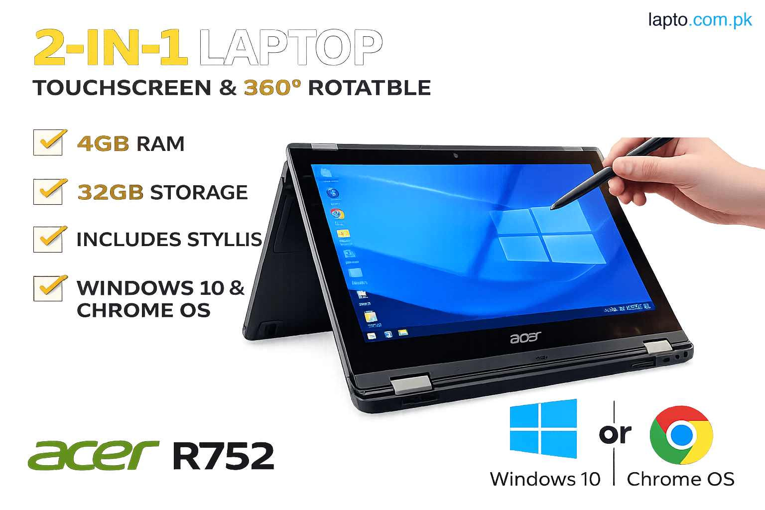 Acer | Chromebook Spin 511 R752T | 32GB Storage | 4GB RAM | Intel UHD Graphics 500 | Intel Celeron N4020 | 11.6″ Display | Windows 10 | ChromeBook