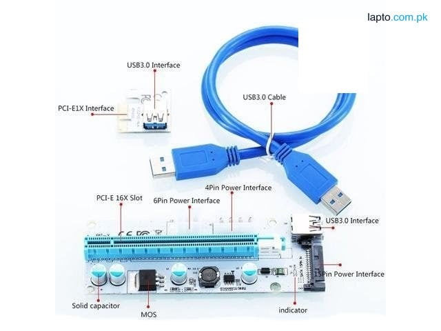 High Quality VER008s PCI-E Riser Card | PCI Express 1X to 16X Extender + USB 3.0 Cable / 6Pin Power