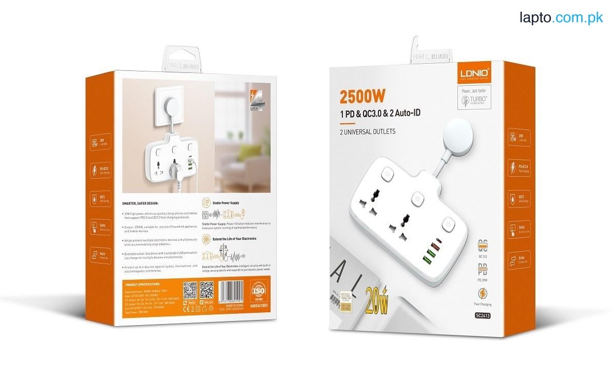 LDNIO SC2413 2 Universal Electrical Outlet Fast charger Extension Socket