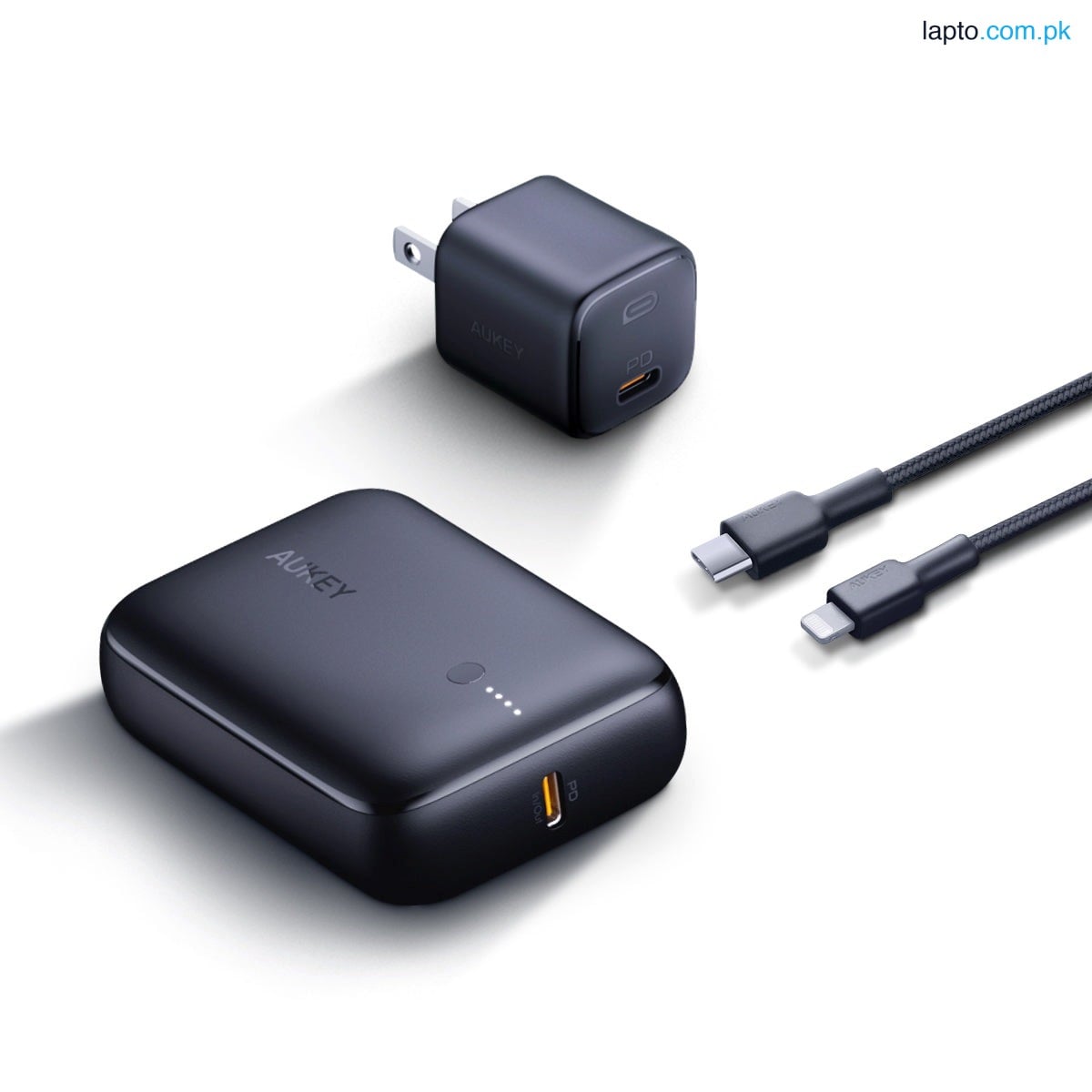 Aukey On The Go Bundle I Mini 20W PD Wall Charger Portable 10000mAh PD Power Bank Nylon Braided 1.2m USB-C To Lightning Cable ( TK-2 )