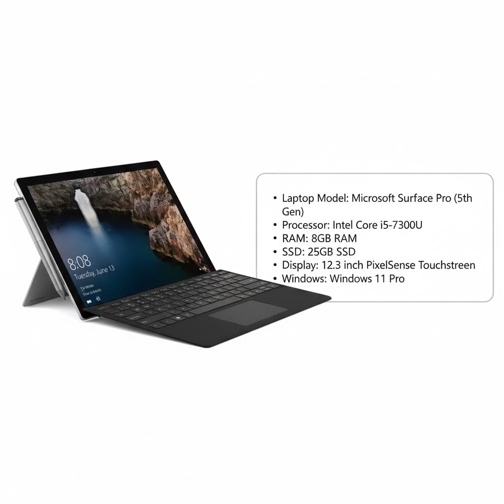 Laptop Microsoft Surface Pro (5th Gen) | Intel Core i5‑7300U | 8 GB RAM | 256 GB SSD | 12.3″ PixelSense Touchscreen | Windows 11 Pro