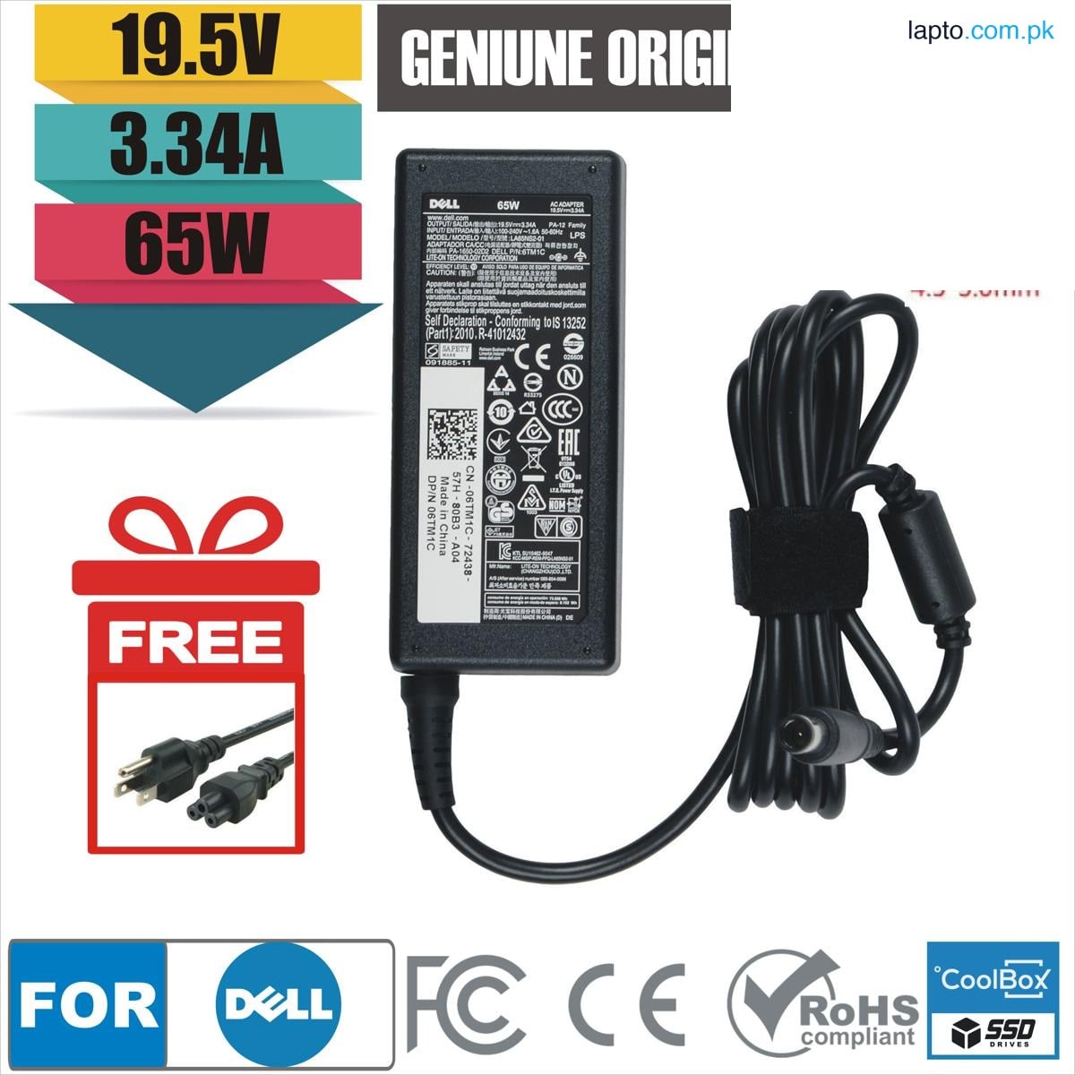 Original DELL_ 19.5V 3.34A 4.5mm 65W Laptop AC Charger for Inspiron 15 5558 3558 3551 3552 5551 5559