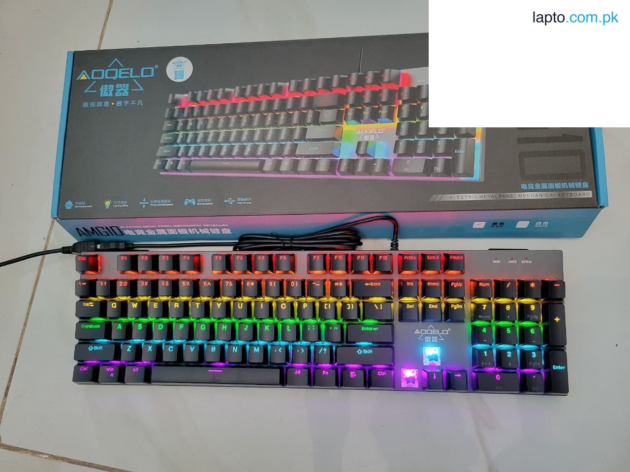AOQELO AMG10 MECHANICAL GAMING KEYBOARD RAINBOW LIGHT WITH MECHANICAL BLUE AND RED SWITCHES CLICKY SOUND.