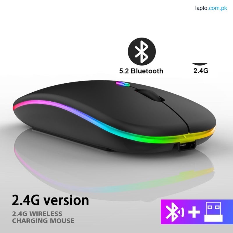 Ergonomic Dual Mode Bluetooth Feature and Rechargeable Battery Gaming RGB USB Wireless Optical Mouse With Silent Clicks Black 2.4G Backlit Mice - Plug and Play