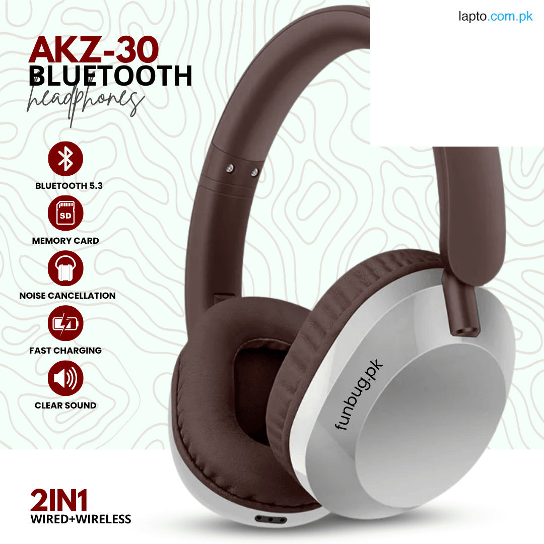 Original AKZ30 Wireless Bluetooth Headphones with Built-in Noise Cancelling Microphone - Wired Stereo Gaming Headset Headband Earphones Gift for Android Mobile, iPhone, PC, Laptop, Tablet, Pubg with Memory Card & AUX input - By FunBug