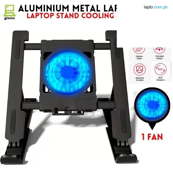 Laptop Stand Aluminium With Detachable Single & Dual RGB Fan Stand For Laptop - 7 Gear To Adjust Height & Anti Slip Rubber Grip - Full Metal Body Adjustable Portable And Foldable Laptop Stand