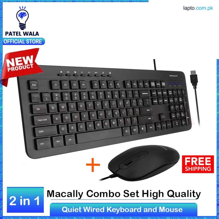 ( Pack of 2 ) Macally Wired Keyboard and Mouse Combo, Slim Full Sized Ergonomic USB Keyboard and Mouse Wired - Quiet Wired Keyboard and Mouse - Wire Corded Keyboard for Laptop and Desktop PC Computer ~ Patelwala