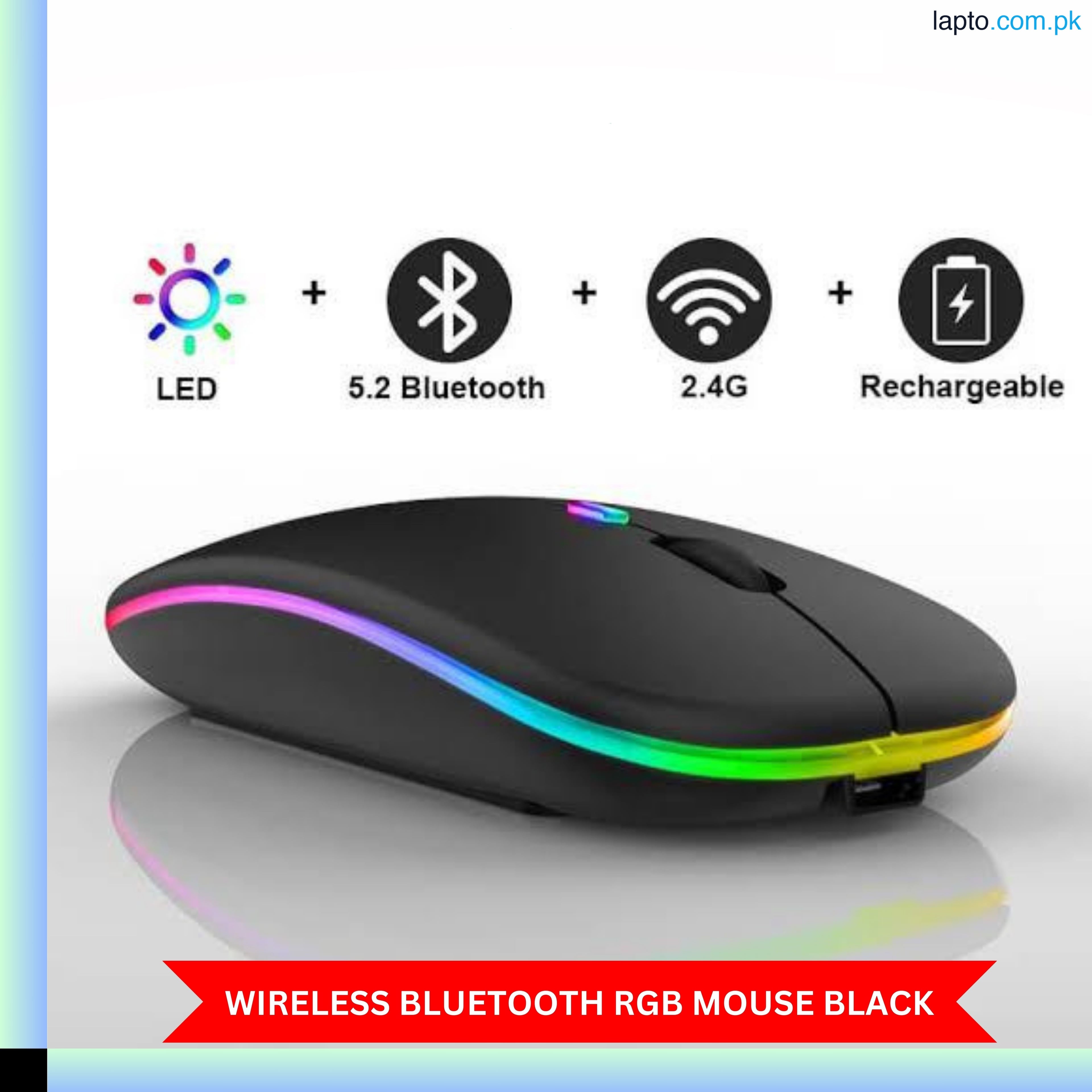 RGB Wireless Mouse - Slim & Silent 7 Colour LED Lights - Transparent & Black Body - Dual Mode 2.4G & Bluetooth Rechargeable Portable Optical Office Mouse With USB Receiver - 3 Adjustable DPI Levels for Notebook, PC, Computer, MacBook
