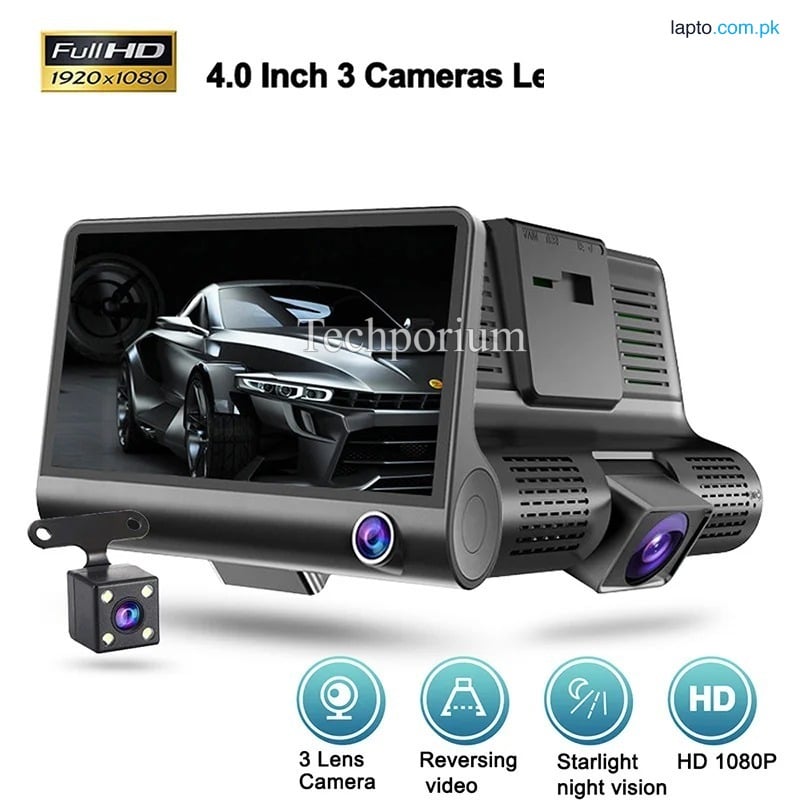 4-Inch HD Car Video Recording Camera WDR Car DVR Dash Cam Triple Lens Vehicle Camera 1080P Full HD Wide-Angle Night Vision Rear View Assist G-Sensor Camcorder Loop Recording Motion Detection System