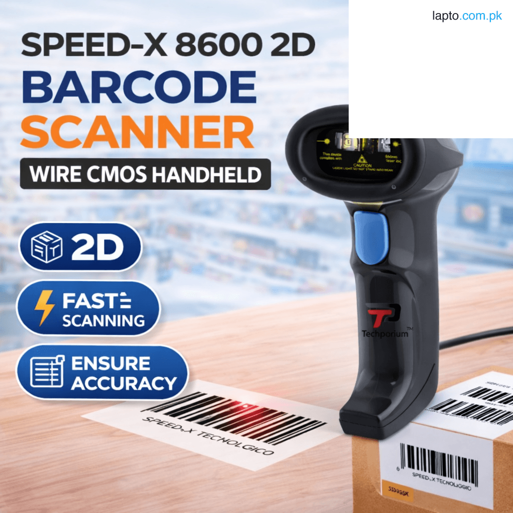 Speed-X 8600 2D Wired CMOS Handheld Barcode Scanner with Stand Fast Accurate Scanning Plug & Play USB Interface Supports 1D & 2D Barcodes Durable Ergonomic Design Ideal for POS Retail Warehouse Inventory Management Systems